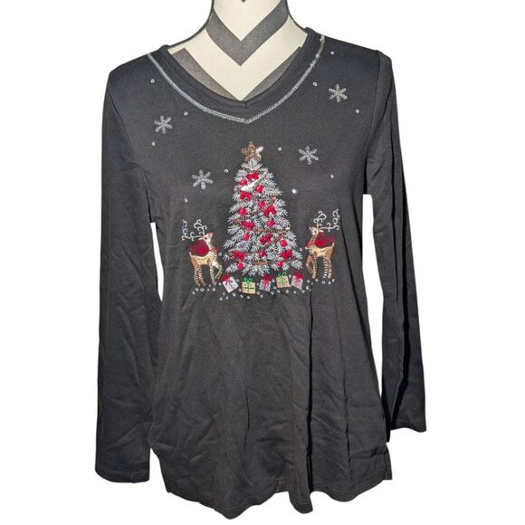 Quacker Factory by Jeanne Bice Sequin Reindeer Christmas Tree Holiday Top S - Picture 1 of 5